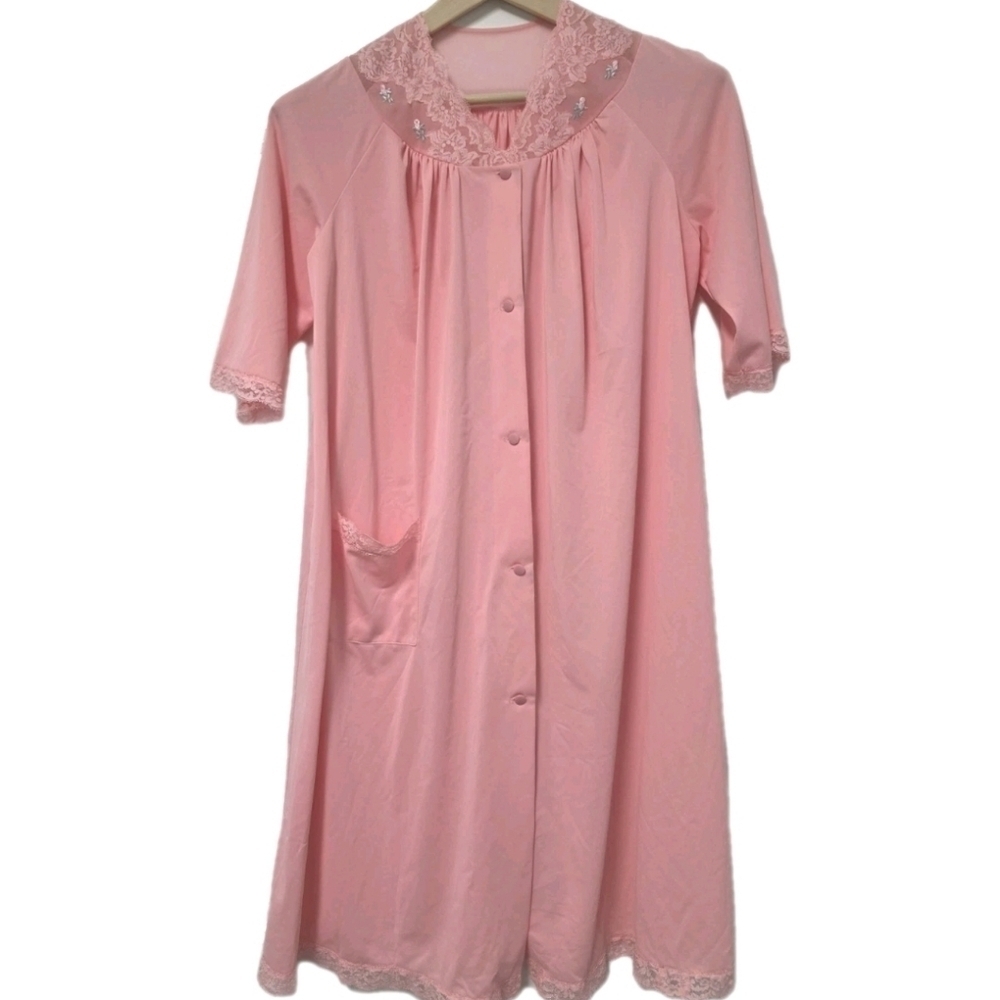 Vintage Shadowline Pink Nylon Floral Lace Lounge Wear Nightgown Size SMALL Soft